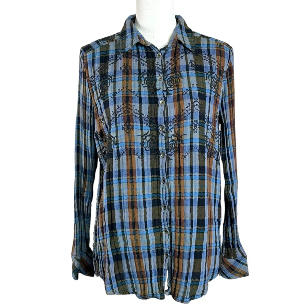 Free People Western Bohemian Muslin Embroidered Magical Plaid Shirt Small Fall